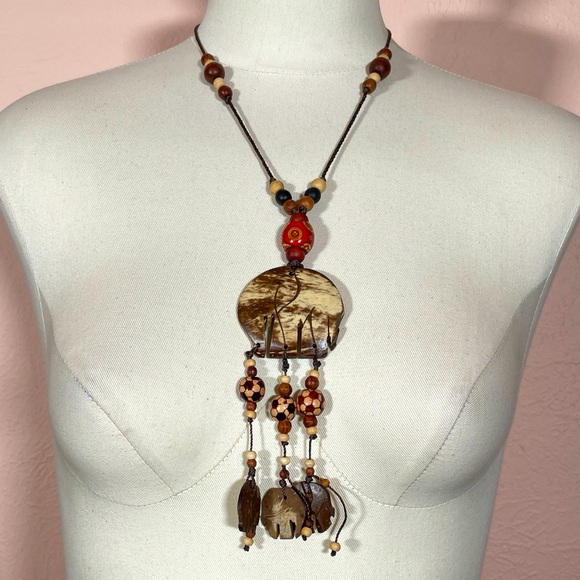Vintage Jewelry - Vintage WOOD African Elephant Summer Boho Festival Maximalist Oversized Necklace